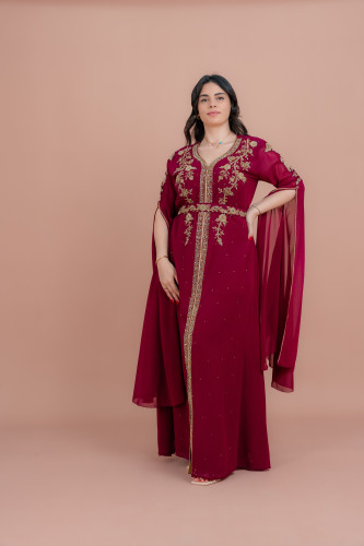 Belted Elegant 2-Piece Kaftan IKS504 Burgundy