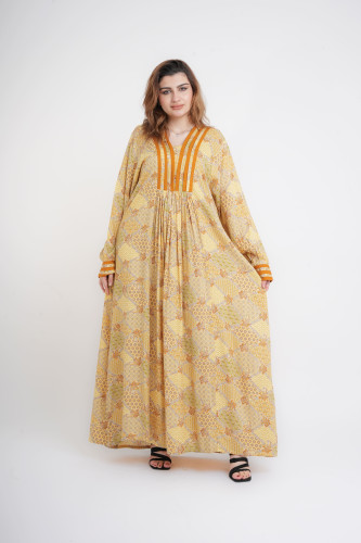 Classic Charm Printed Jalabiya IN5001 Yellow